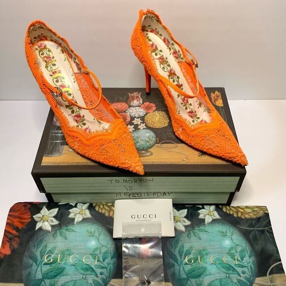 Gucci Shoes - Gucci Virginia Lace Pumps Neon Orange EU 40 US 10 Mary Jane Lace Heels